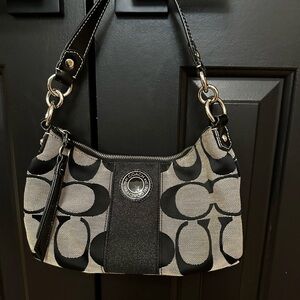 Coach Black and Beige Signature Jacquard Mini Shoulder Bag with Leather Trim